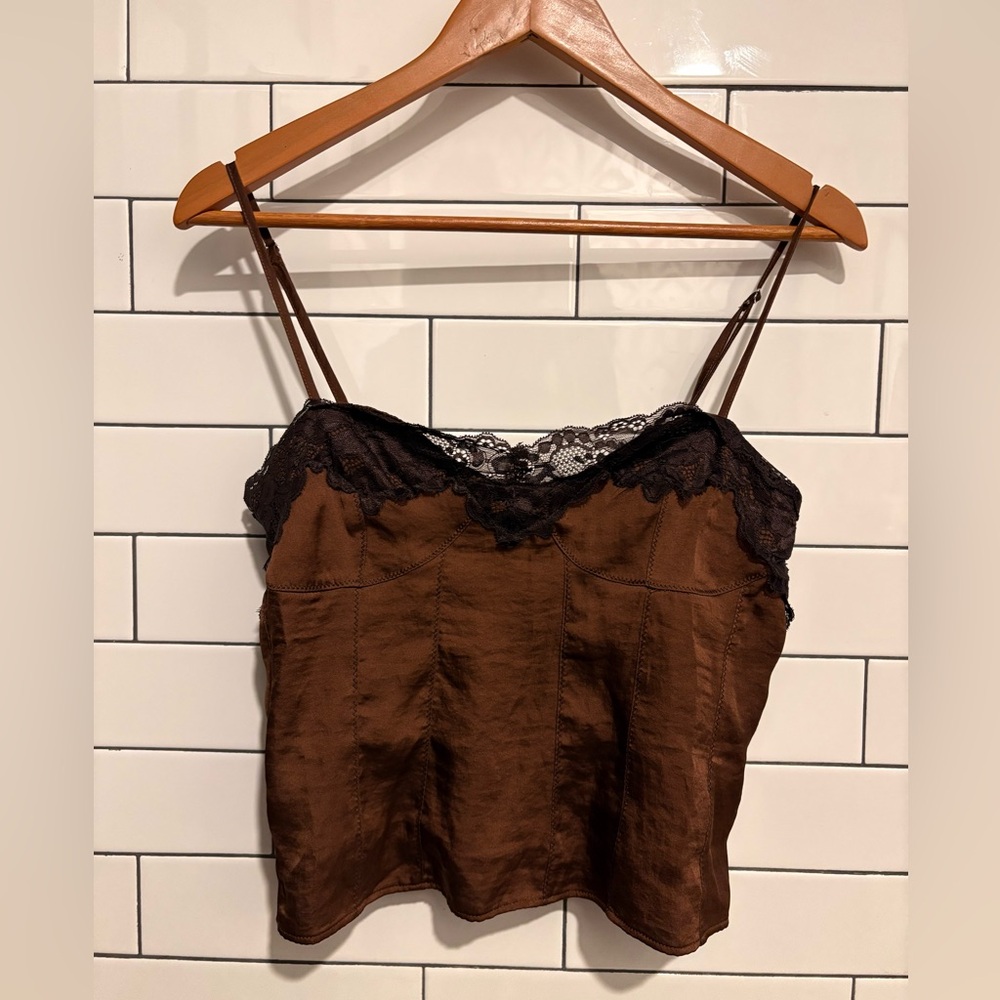 Intimately Free People Brown Satin Lace-Trim Camisole Top M - Picture 2 of 4